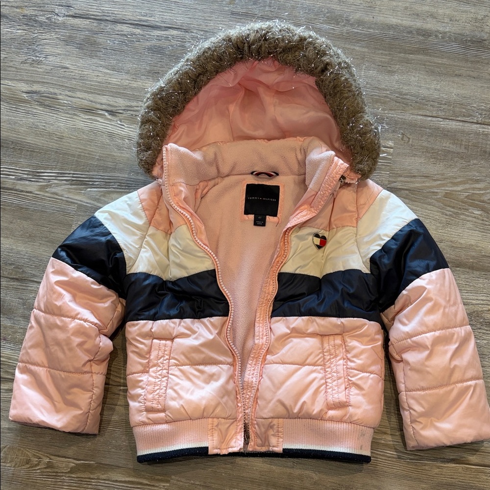Tommy Hilfiger Pink and Black Puffer Jacket with Faux Fur Hood